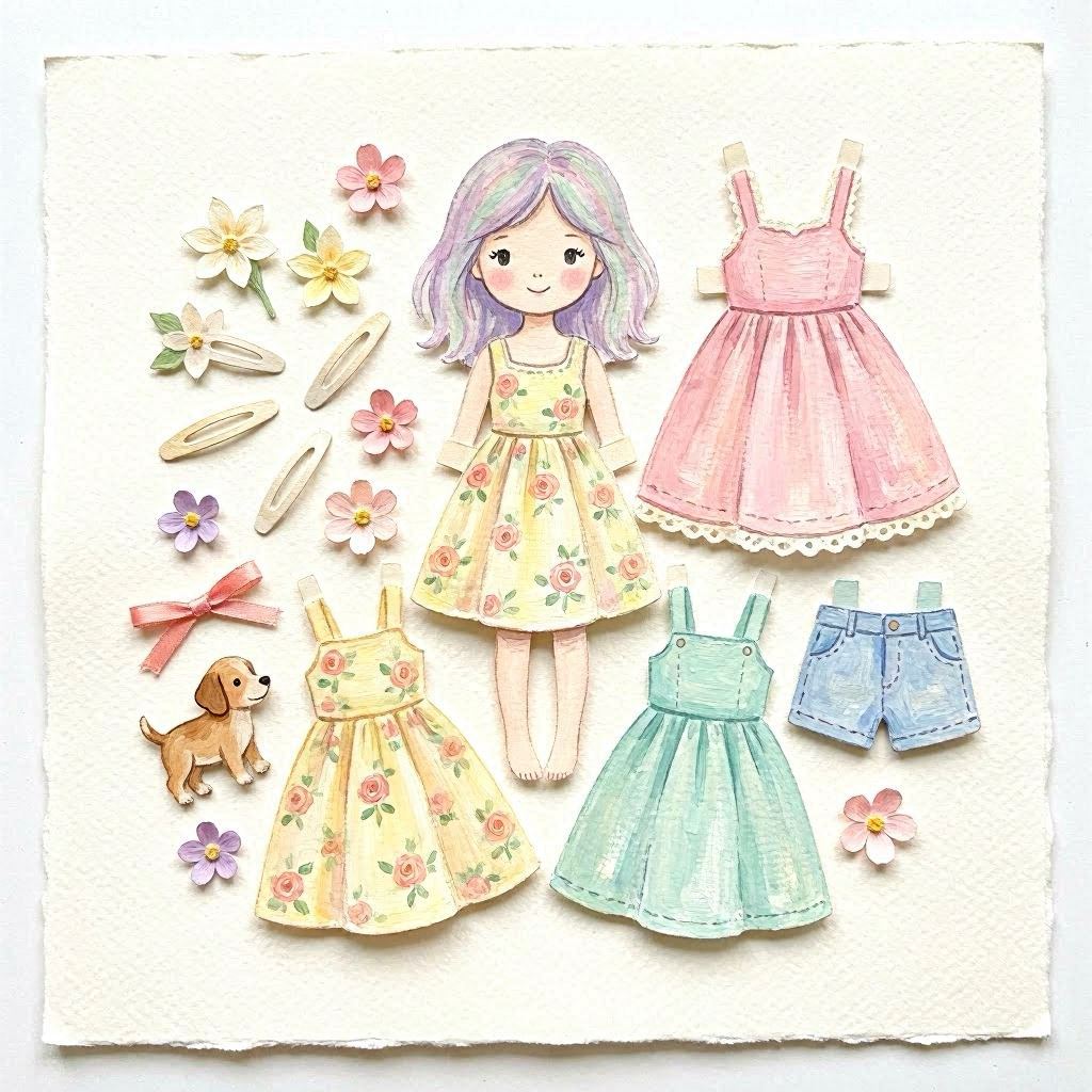 A playful paper doll set featuring a pastel-haired girl with interchangeable floral dresses, microshorts, and cute accessories like flowers and a puppy toy, hand-painted in gouache with delicate brush textures, laid out on textured cream paper, overhead shot with natural window light.