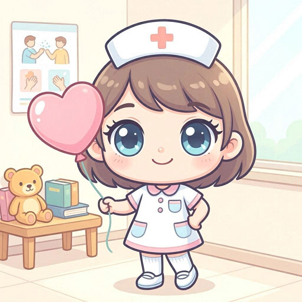 A cute chibi-style nurse with oversized eyes and tiny body proportions, holding a heart-shaped balloon, pastel pinks and blues, outlined in smooth vector lines, whimsical clip art perfect for children’s health education materials.