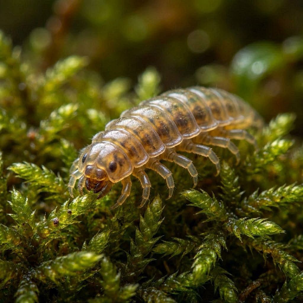 An extreme macro portrait of a tardigrade with segmented translucent body and tiny claws, resting on moss fibers, illuminated by soft diffused light, earthy green and amber tones, captured with a 100mm macro lens at f/2.8 for shallow depth of field and creamy bokeh background.